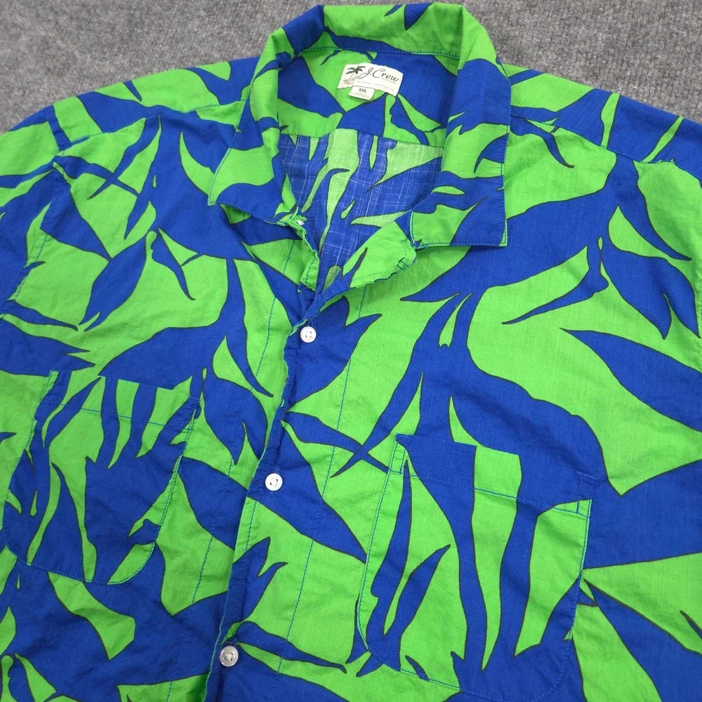 J Crew Camp Shirt Mens XXL Green Blue Floral AOP Slub Cotton Loop Collar Resort
